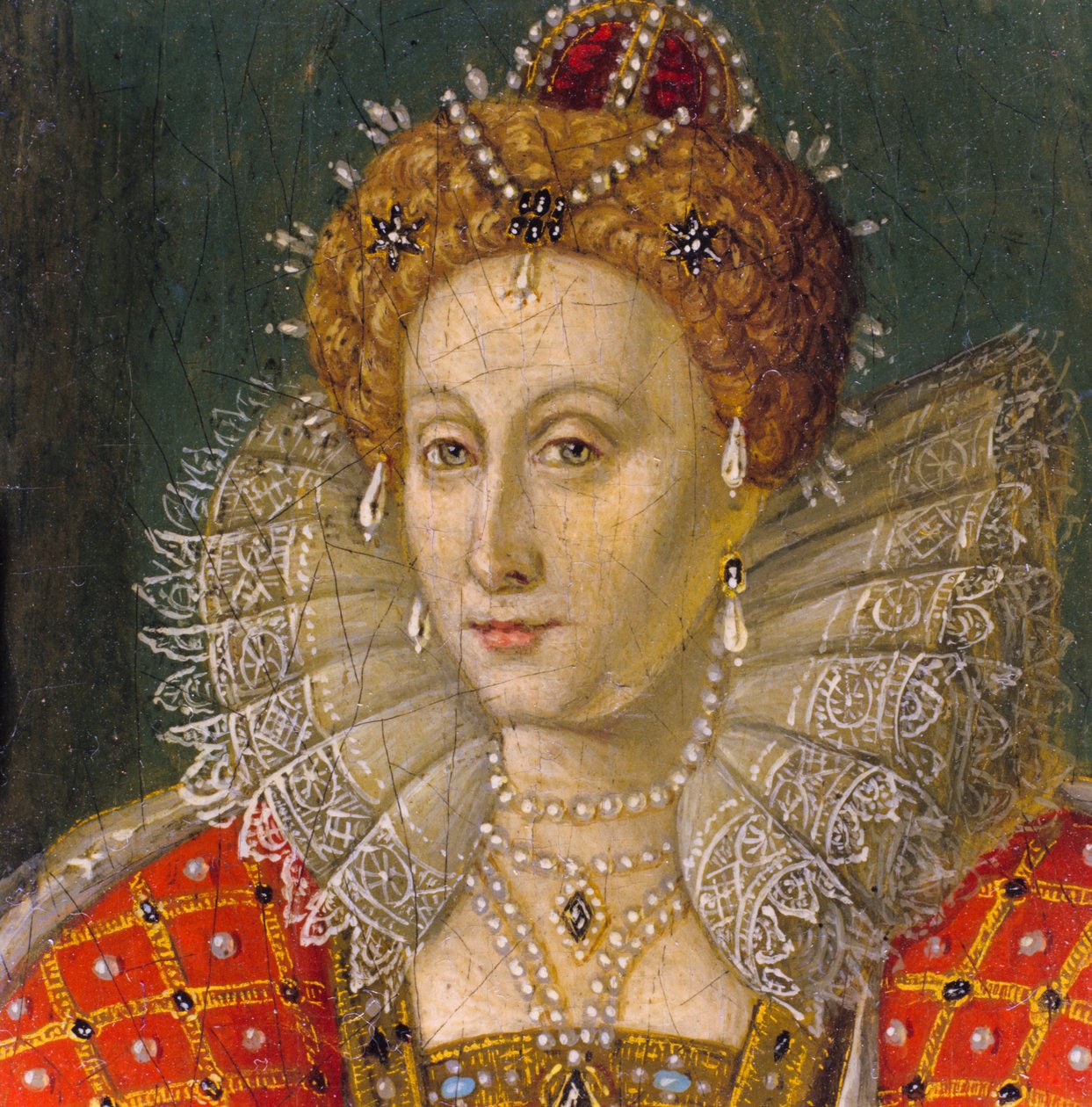 Pormenor de um retrato a óleo em miniatura da Rainha Isabel I de Nathan Benn