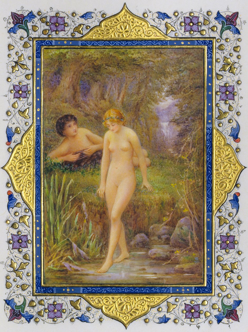 Página iluminada de um livro de sonetos de Shakespeare com uma mulher nua numa fantasia pastoral... de Nathan Benn