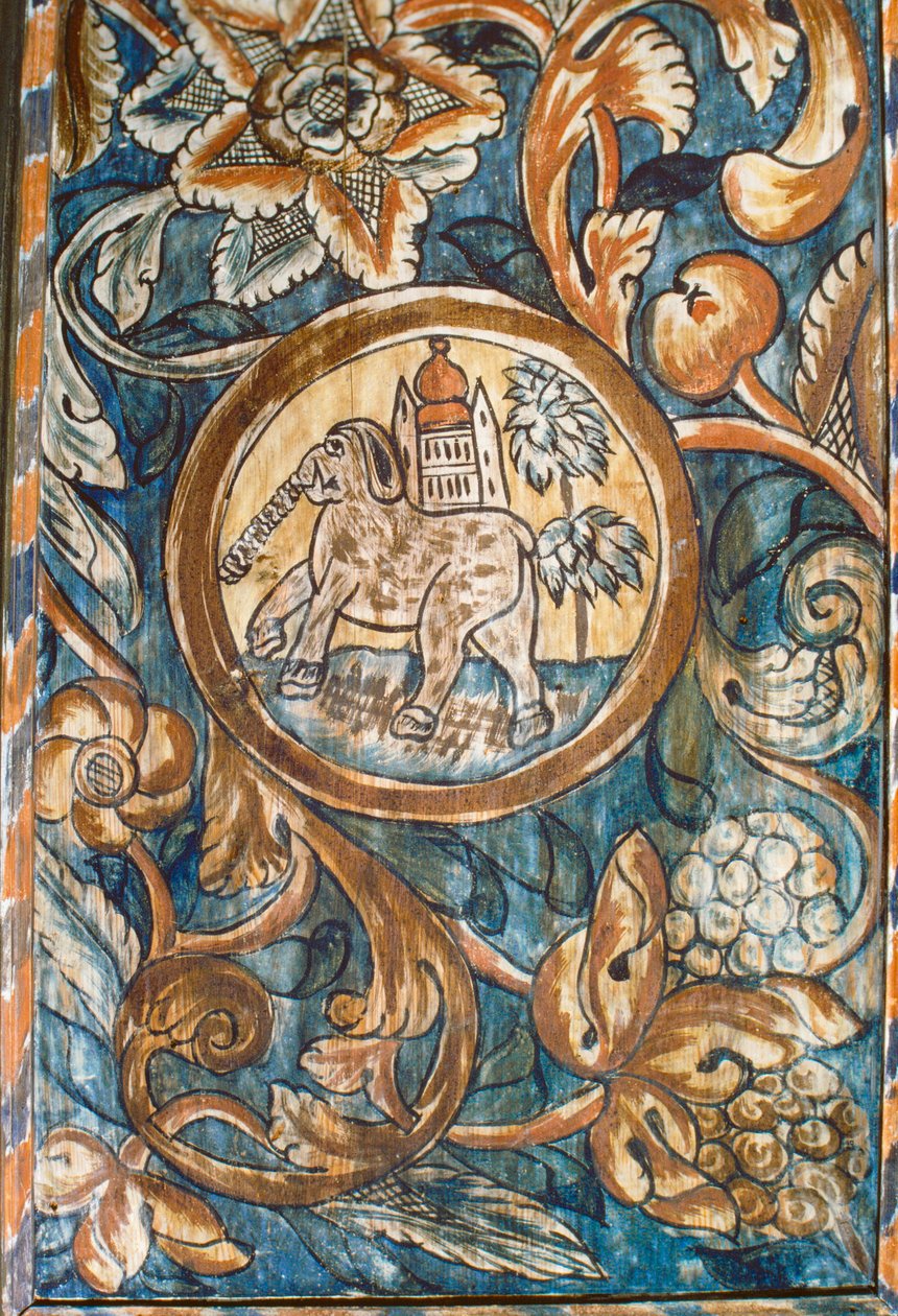 Pintura de um elefante que transporta um templo numa sinagoga rural do século XVIII, pai... de Nathan Benn