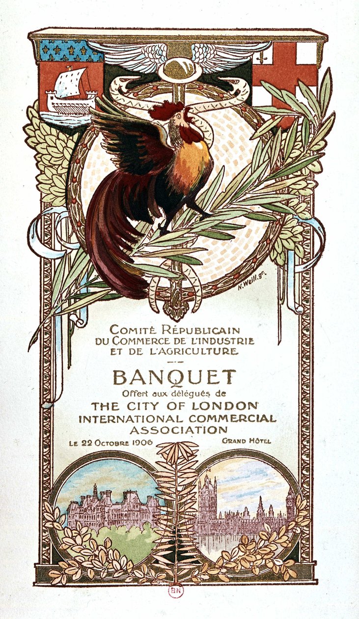 Galo e Monumentos, menu de banquetes da Comissão Republicana de Comércio, Indústria e Agricultura ofereceu 22.11.1906 aos delegados da associação comercial internacional da City de Londres de Nathan Weill