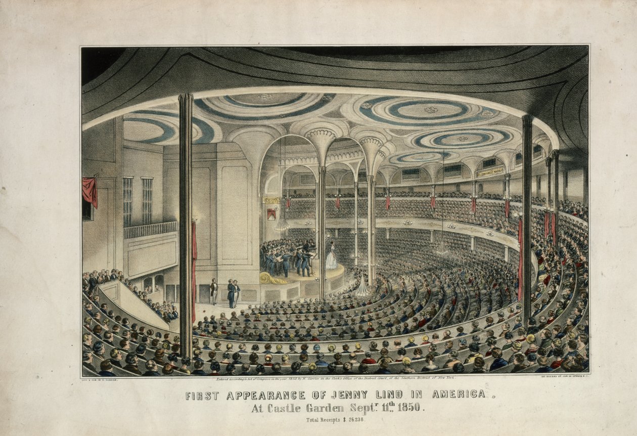 Primeira aparição de Jenny Lind na América no Castle Garden, 11 de setembro de 1850, 1850 (litografia colorida à mão) de Nathaniel Currier