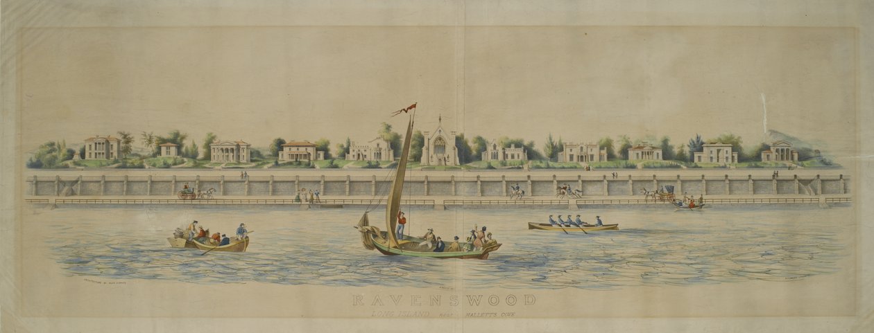 Ravenswood, Long Island, perto de Hallets Cove (lito colorido à mão) de Nathaniel Currier