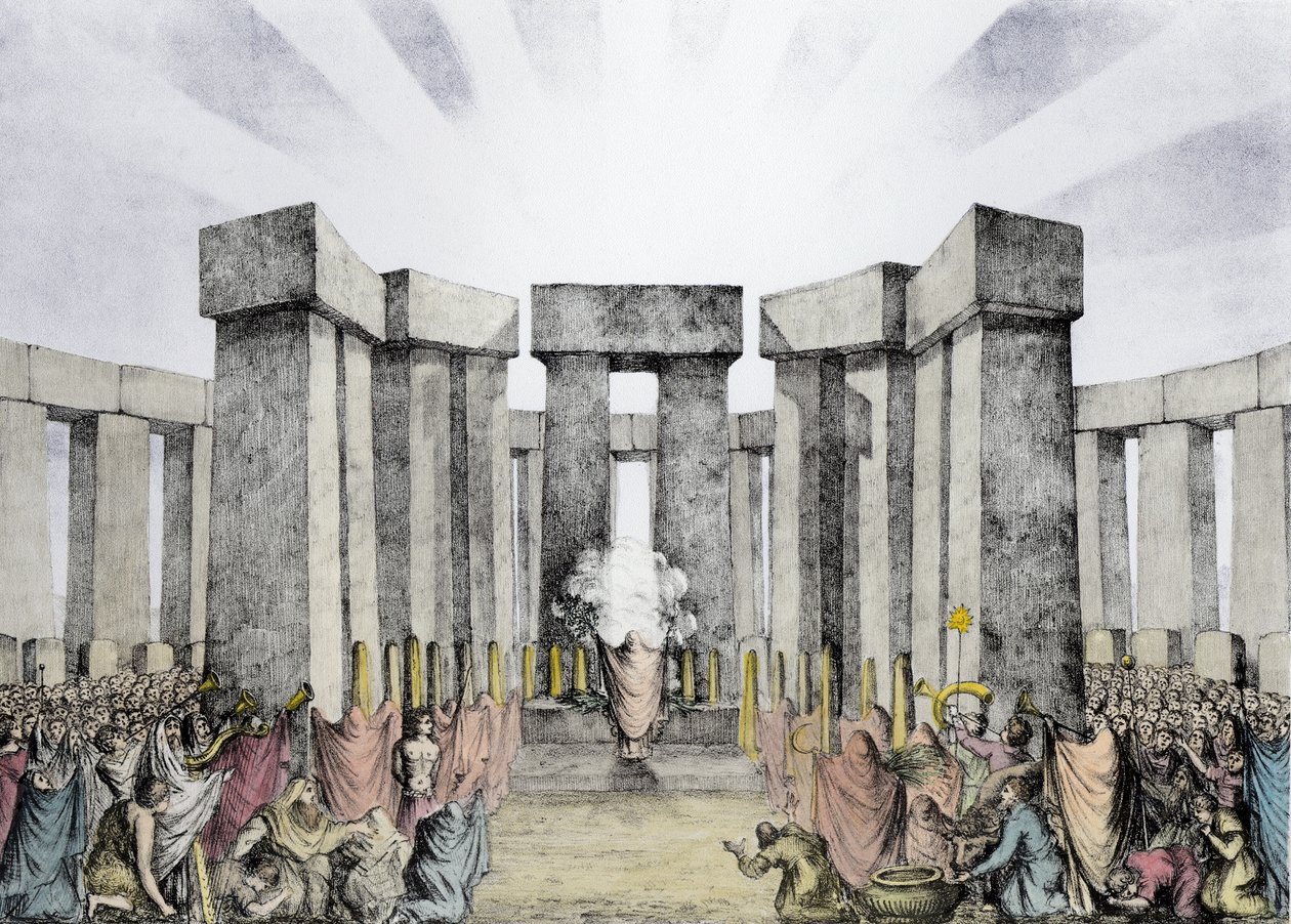 Druidas Sacrificando ao Sol em seu Templo chamado Stonehenge, de um plano de Stonehenge pelo Dr. Stukeley no Ashmolean Museum, Oxford, gravado e pub. pelo artista (colouratio mais tarde de Nathaniel Whittock