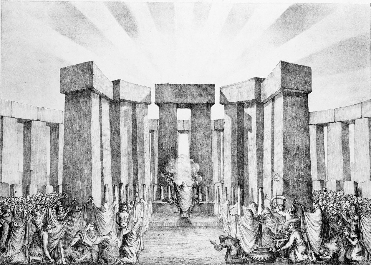 Druidas Sacrificando ao Sol em seu Templo chamado Stonehenge, de um plano de Stonehenge pelo Dr. Stukeley no Ashmolean Museum, Oxford, gravado e pub. pelo artista de Nathaniel Whittock