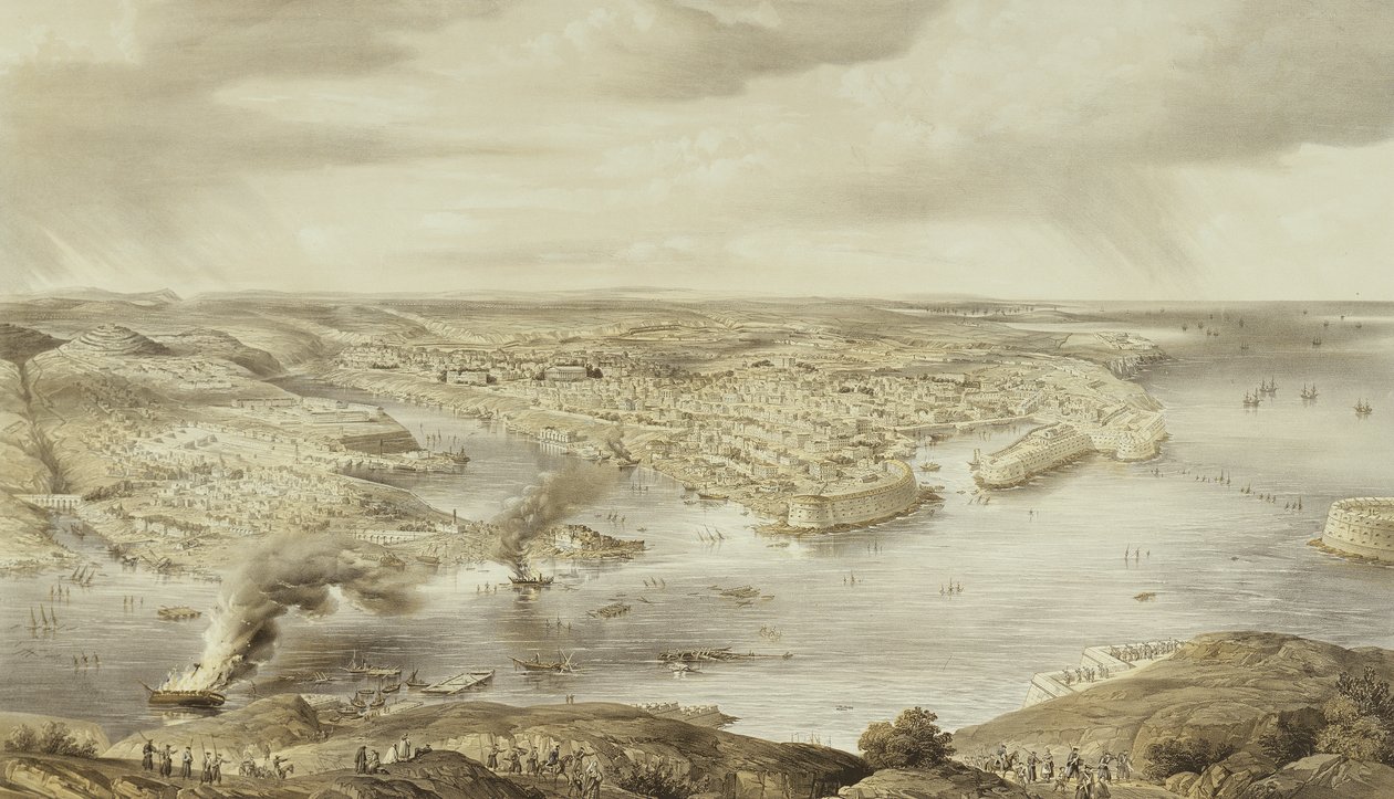 As ruínas manchadas de sangue de Sebastopol, 10 de setembro de 1855, gravado por Day und Son, publicado em 1857 de Nathaniel Whittock