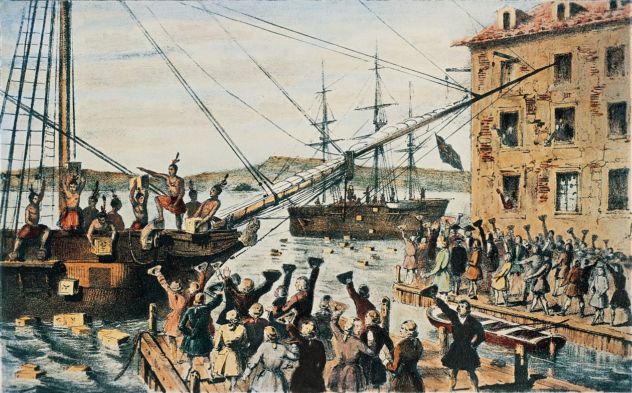 Boston Tea Party, baús de chá inglês atirados ao mar no Porto de Boston por colonos, 16 de dezembro de Nathaniel (after) Currier