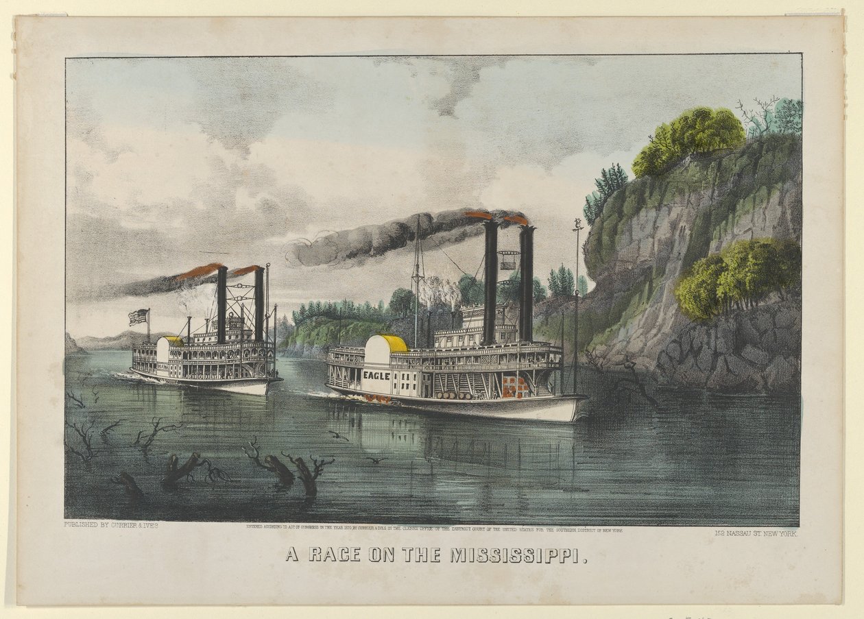 A Race on the Mississippi, 1870., 1870. Criadores: Nathaniel Currier, James Merritt Ives, Currier e Ives. de Currier and Ives