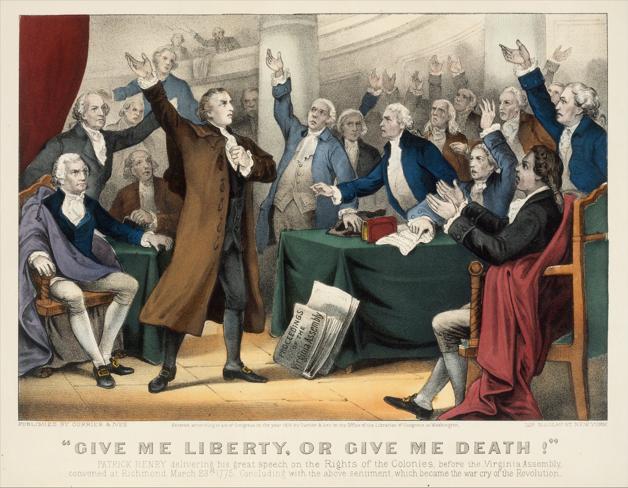 Dê-me liberdade ou dê-me a morte!-Patrick Henry fazendo seu grande discurso sobre os Direitos..., 1876. Criadores: Nathaniel Currier, James Merritt Ives, Currier e Ives. de Currier and Ives