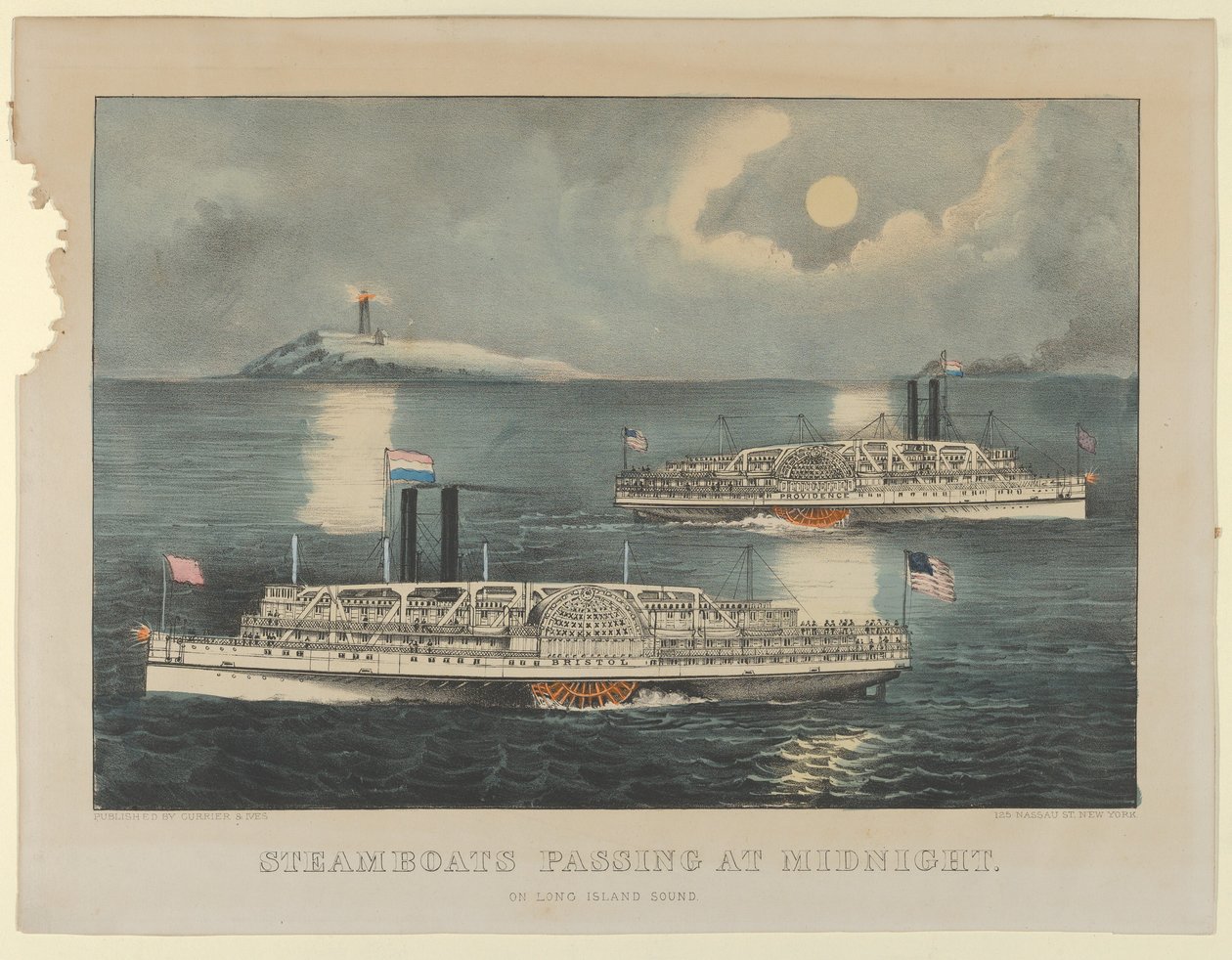 Barcos a vapor passando à meia-noite - em Long Island Sound, 1872-74., 1872-74. Criadores: Nathaniel Currier, James Merritt Ives, Currier e Ives. de Currier and Ives