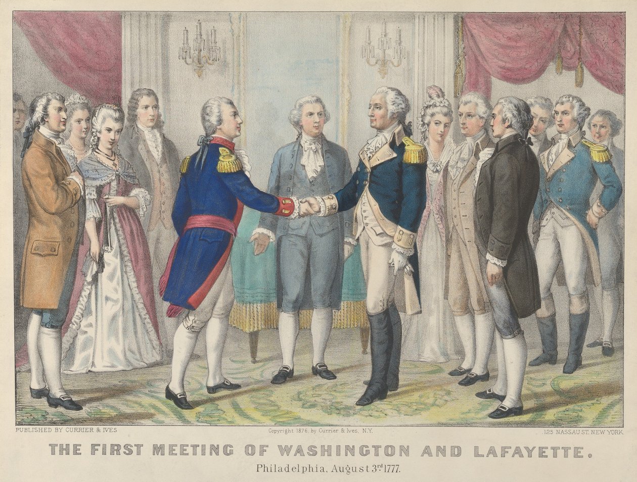 O Primeiro Encontro de Washington e Lafayette—Filadélfia, 3 de agosto de 1777, 1876., 1876. Criadores: Nathaniel Currier, James Merritt Ives, Currier e Ives. de Currier and Ives