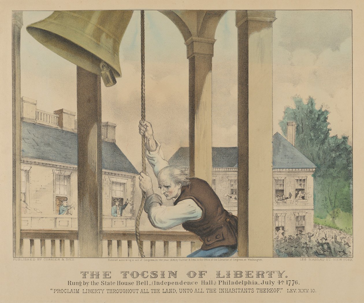O Tocsin de Liberty-Rung pela State House Bell, Independence Hall Filadélfia, julho..., 1876. Criadores: Nathaniel Currier, James Merritt Ives, Currier e Ives. de Currier and Ives
