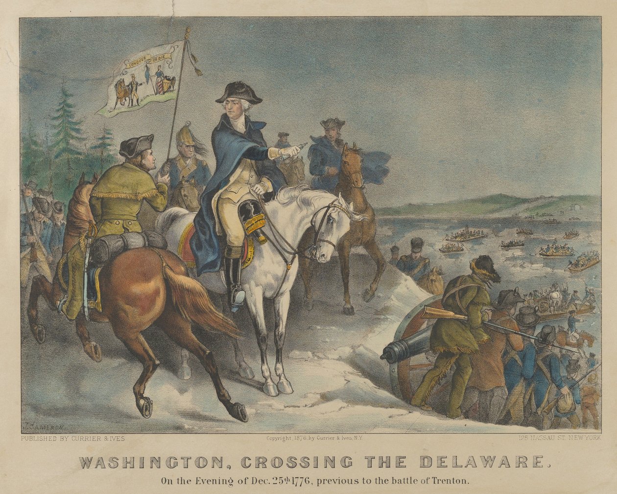 Washington, cruzando o Delaware-Na noite de 25 de dezembro de 1776, anterior à Batalha..., 1876. Criadores: Nathaniel Currier, James Merritt Ives, Currier e Ives. de Currier and Ives