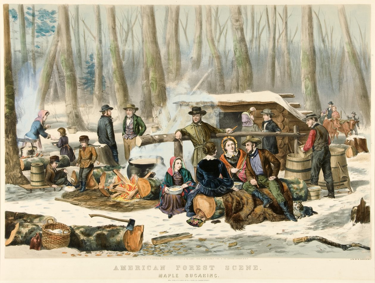 Cena americana da floresta - Sugaring de bordo, bar. 1855 de Nathaniel Currier