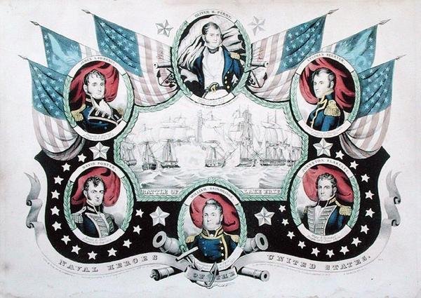 Batalha do Lago Erie com retratos de heróis navais americanos de Nathaniel Currier