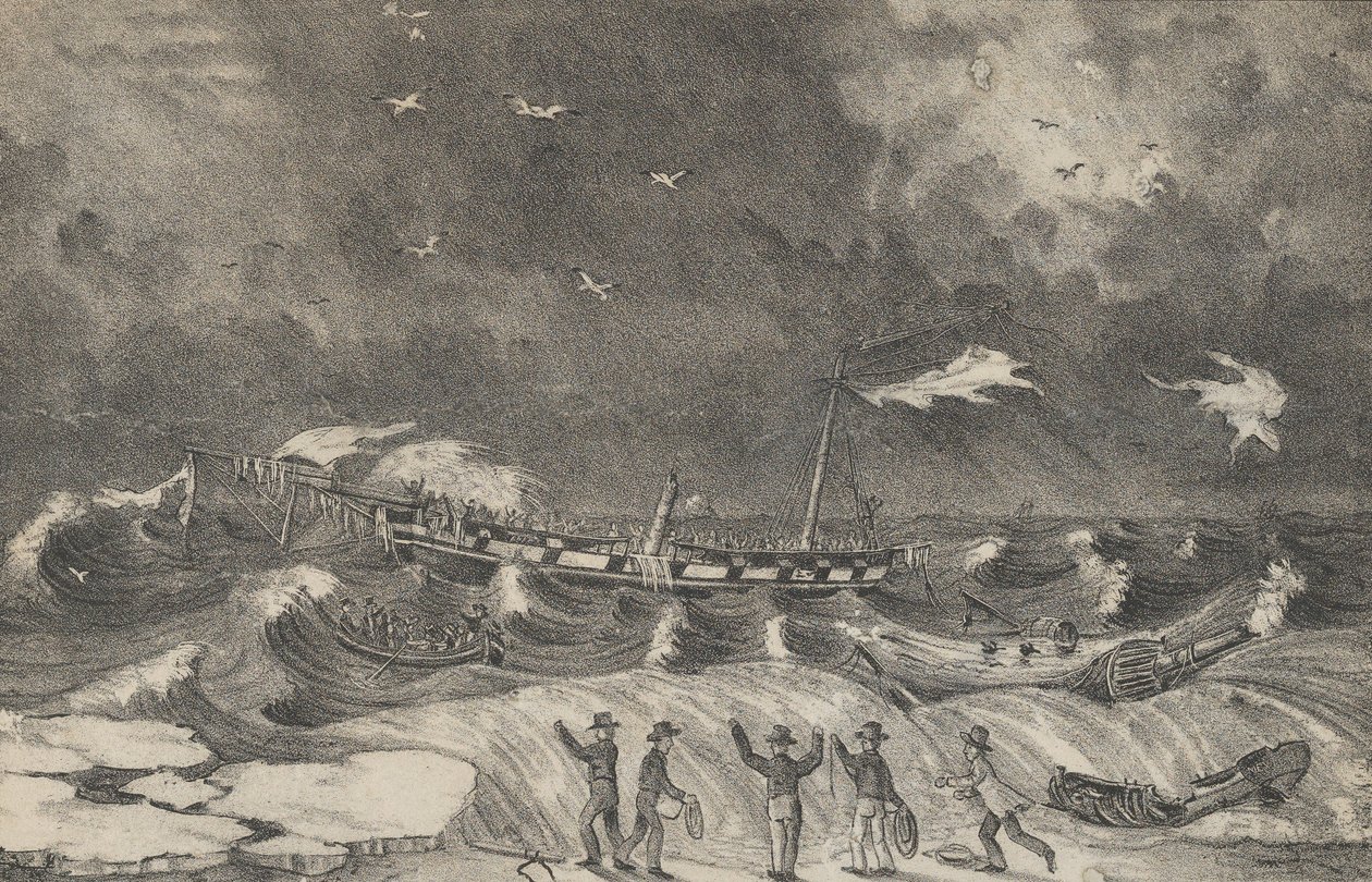Terrível naufrágio do México em Hempstead Beach, 2 de janeiro de 1837, 1848-56. de Nathaniel Currier