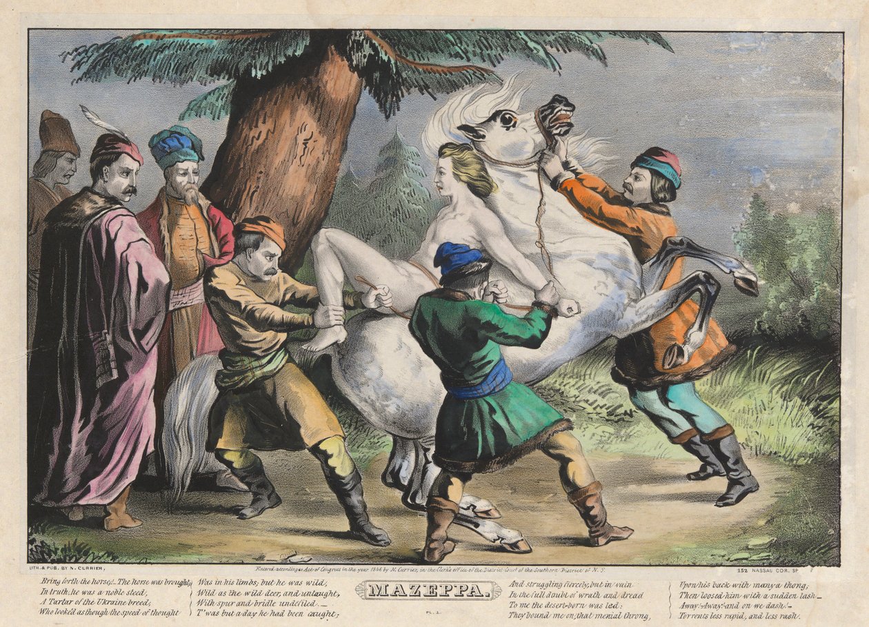 Mazeppa: Prato 1 do conjunto de Quatro (4) Pratos (Amarrados a um Cavalo) de Nathaniel Currier