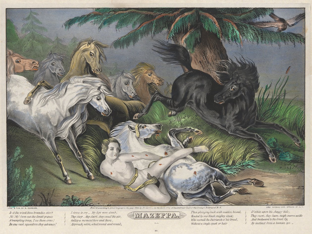 Mazeppa: Prato 3 do conjunto de Quatro (4) Pratos (Rodeados de Cavalos Selvagens) de Nathaniel Currier