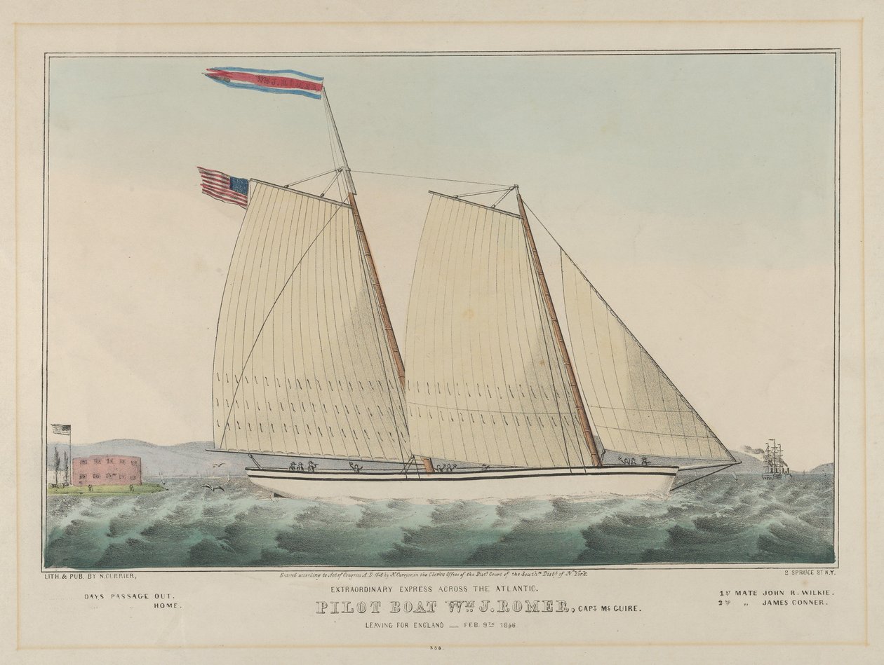 Pilot Boat William J. Romer, Capitão McGuire, Partida para Inglaterra 9 de Fevereiro de 1846 (litografia colorida à mão) de Nathaniel Currier