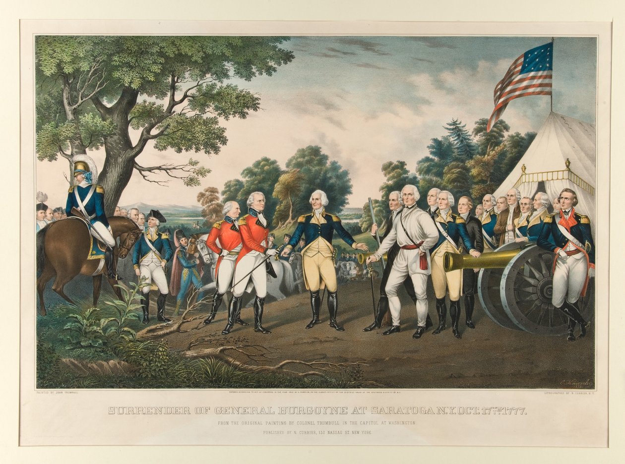 Rendição do General Burgoyne em Saratoga, Nova Iorque, a 17 de outubro de 1777 / Baseado na pintura original do Coronel Trumbull, exposta no Capitólio, em Washington. Pintado por John Trumbull de Nathaniel Currier