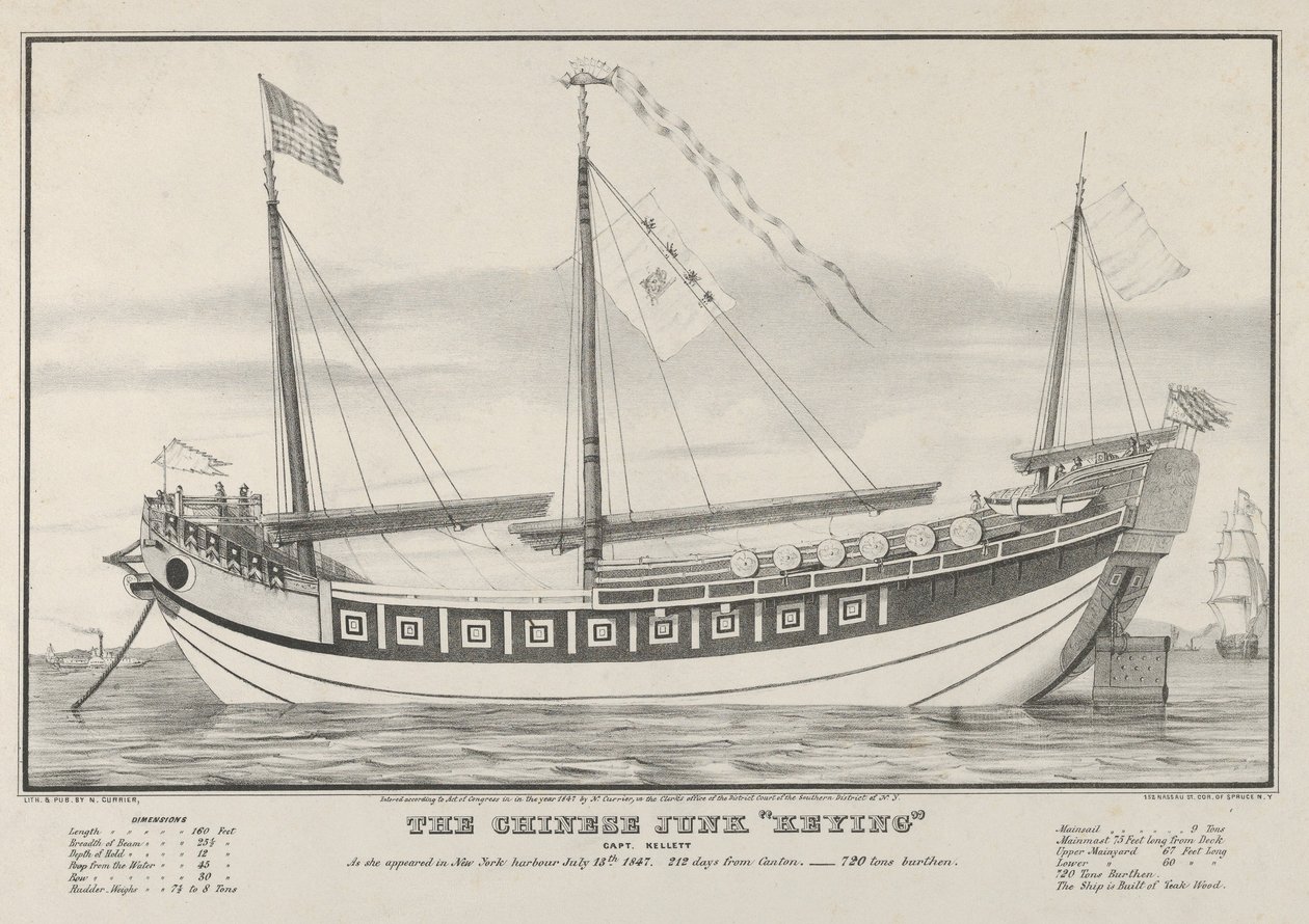 O chinês Junk Keying-Captain Kellett-As ela apareceu no porto de Nova York em 13 de julho de 1... de 1847. de Nathaniel Currier