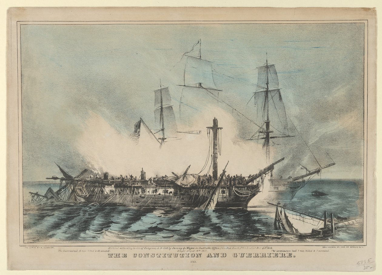 A Constituição e a Guerrière - Lutaram em 19 de agosto de 1812 - A Guerrière teve 15 homens mortos..., 1848. de Nathaniel Currier
