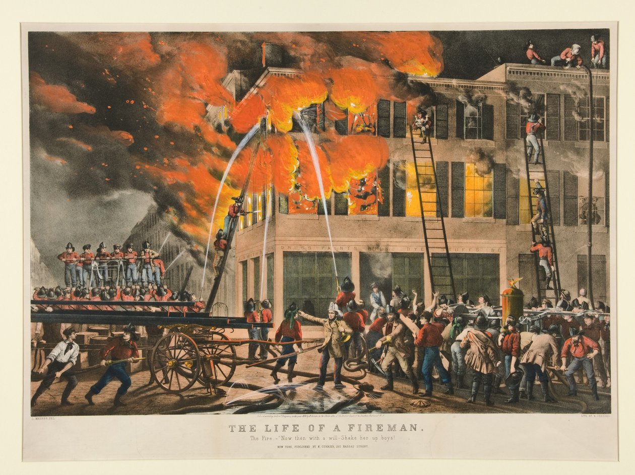 A vida de um bombeiro / O incêndio. «Agora, com vontade - Abanem-na, rapazes!» de Nathaniel Currier
