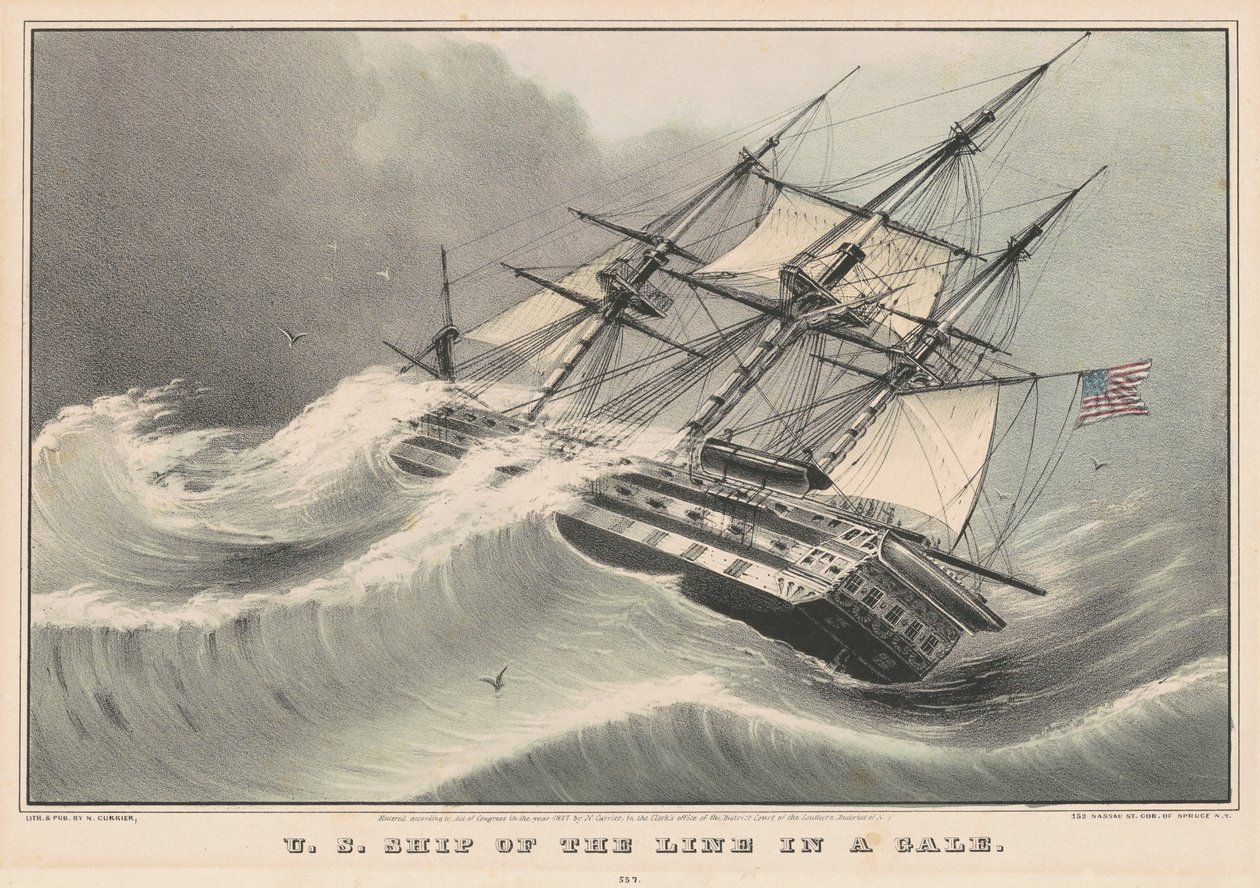 Navio da linha dos EUA em um vendaval de Nathaniel Currier