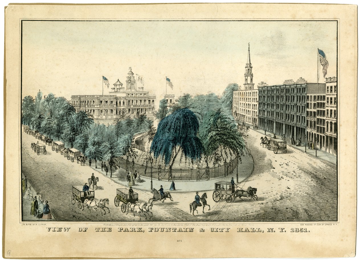 Vista do parque, Fountain und City Hall, NY 1851, 1851 de Nathaniel Currier