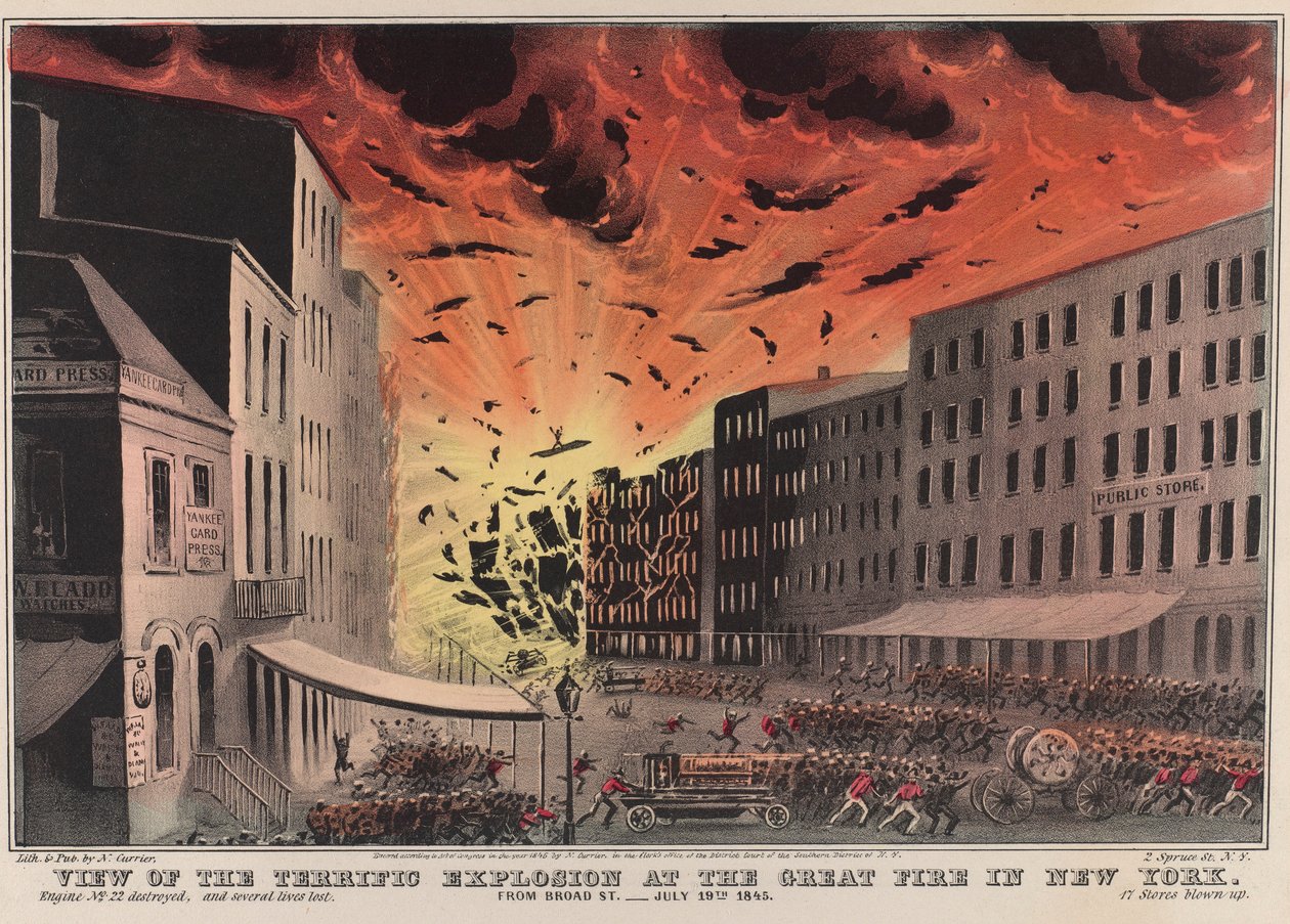 Vista da terrível explosão no Grande Incêndio em Nova York. De Broad St. - 19 de julho de 1845 de Nathaniel Currier