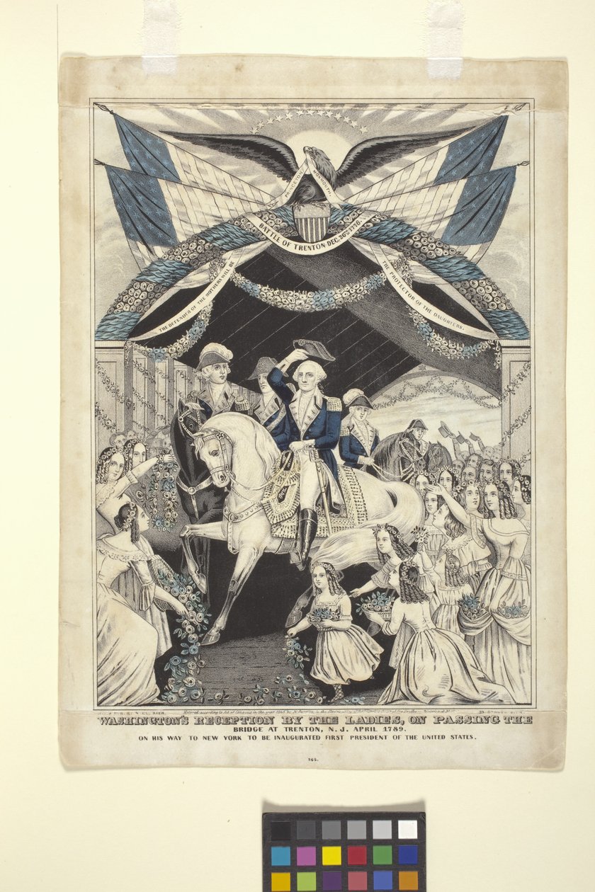Recepção de Washington pelas senhoras ao passar a ponte em Trenton (litografia colorida à mão) de Nathaniel Currier