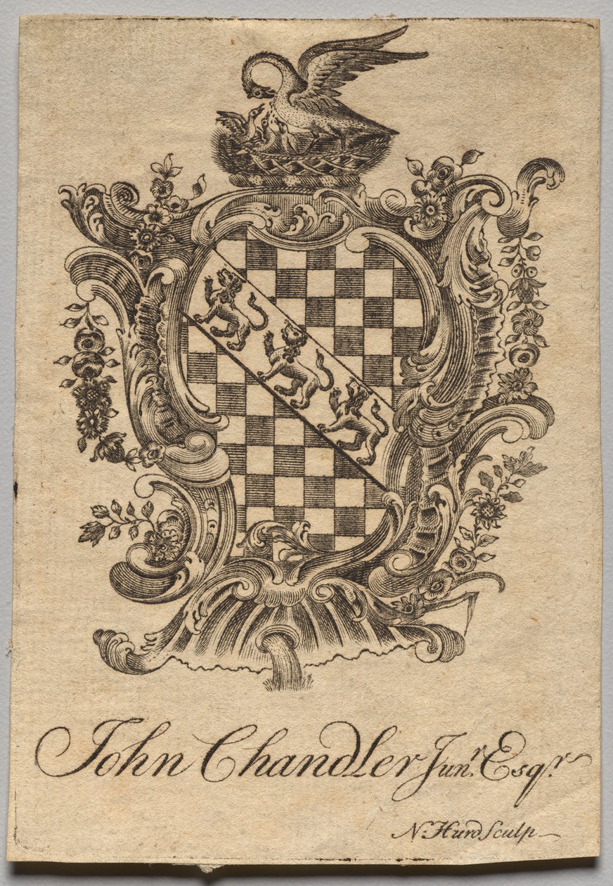 Bookplate: Brasão de armas com John Chandler Jun.r, Esq. inscrito de Nathaniel Hurd