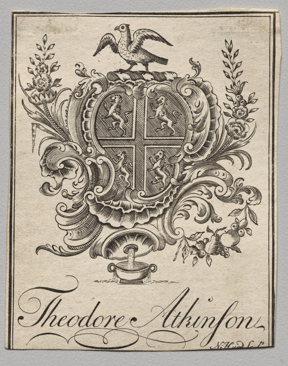 Bookplate: Brasão com Theodore Atkinson inscrito de Nathaniel Hurd
