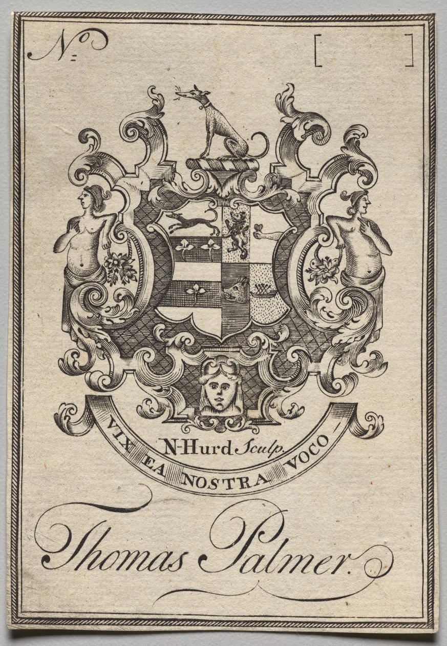 Bookplate: Brasão de armas com Thomas Palmer inscrito de Nathaniel Hurd
