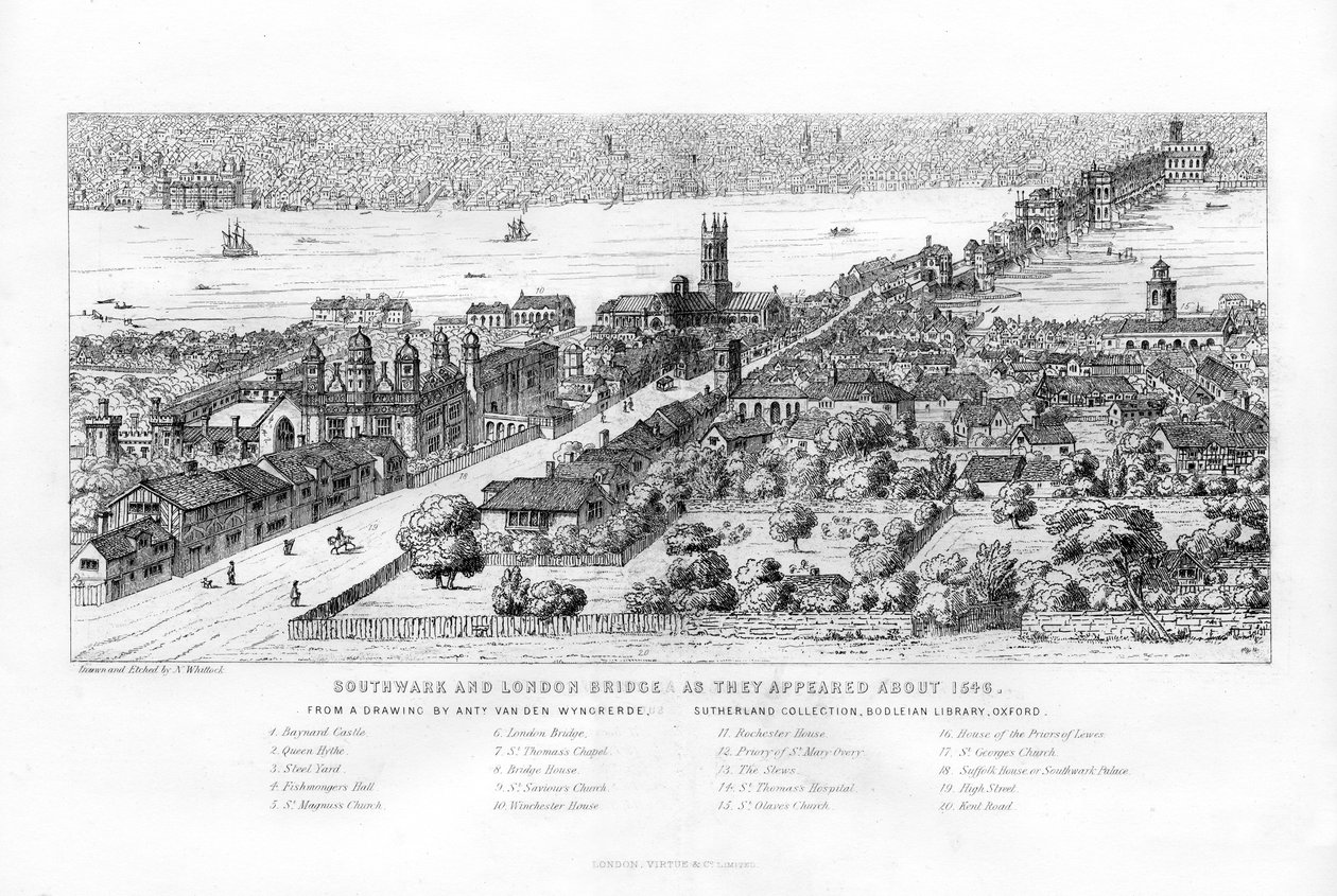 Southwark e London Bridge quando apareceram por volta de 1546, c1860. de Nathaniel Whittock