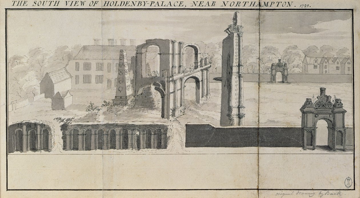 Vista sul de Holdenby House e ruínas como visto em 1729 de Nathaniel and Samuel Buck