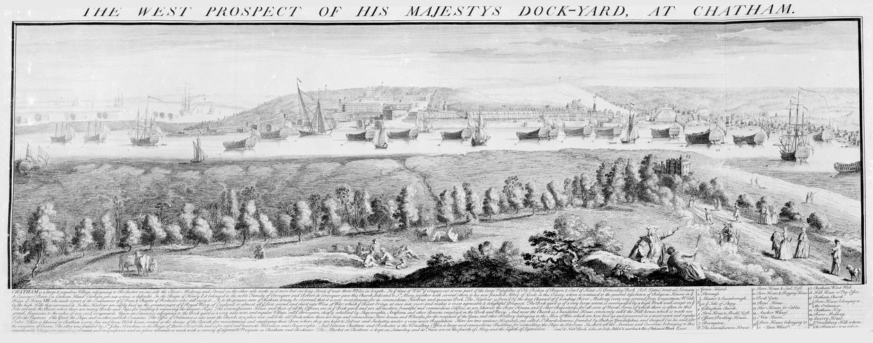A perspectiva ocidental de seu ancoradouro em Chatham, 1738 de Nathaniel and Samuel Buck