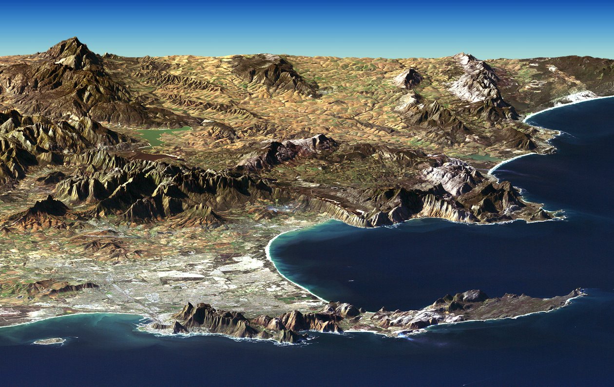 Cidade do Cabo e Cabo da Boa Esperança, África do Sul, em primeiro plano da vista em perspectiva gerada a partir da imagem de satélite Landsat e dos dados de elevação da missão de topografia de radar de vaivém (SRTM). Crédito NASA de National Aeronautics and Space Administration National Aeronautics and Space Administration