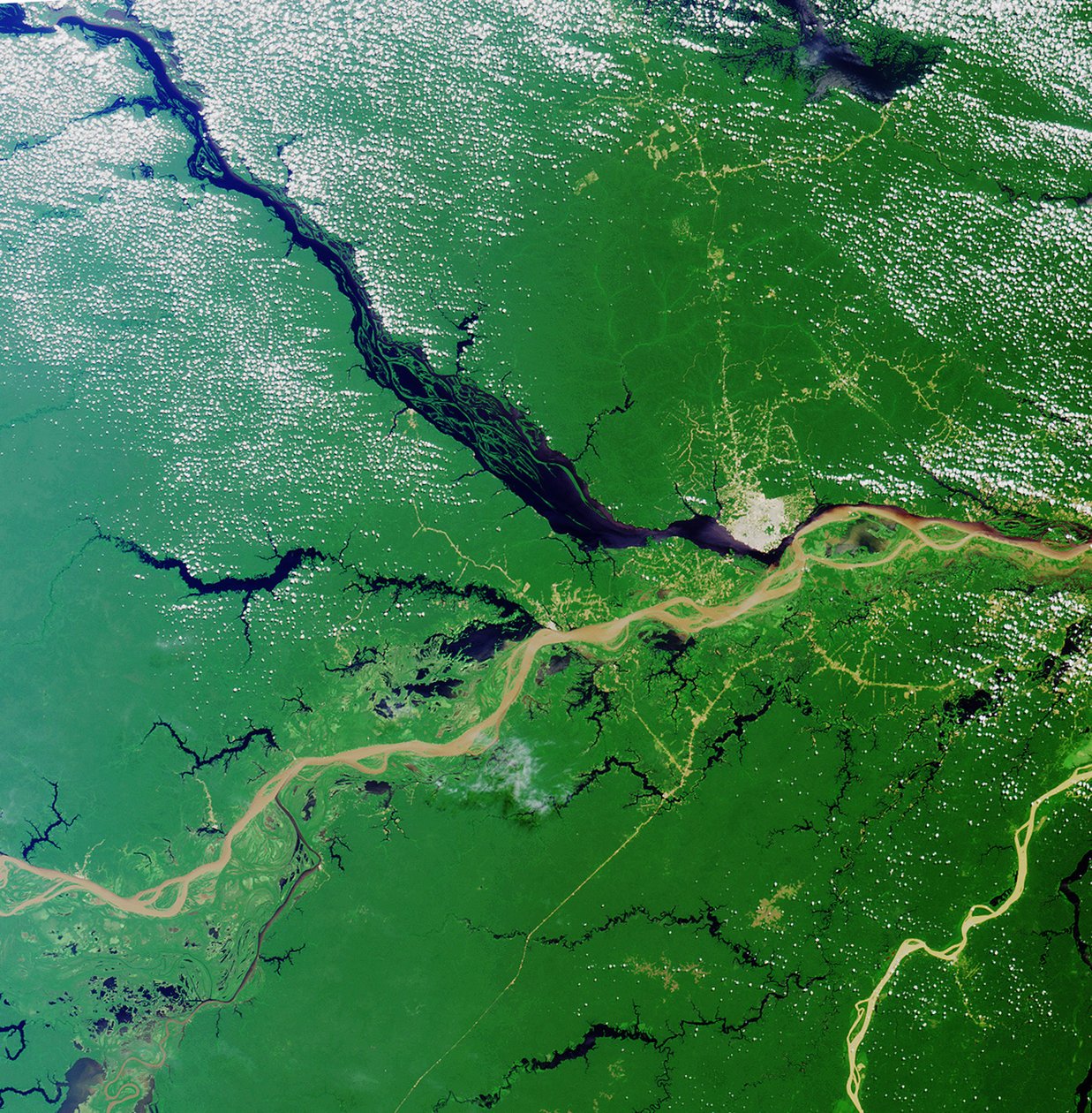Convergência do Rio Solimoes e do Rio Negro perto de Manaus, Brasil, para formar o Rio Amazonas, o maior rio da Terra. Imagem de satélite 23 de julho de 2000. Crédito: NASA. Geografia de National Aeronautics and Space Administration National Aeronautics and Space Administration