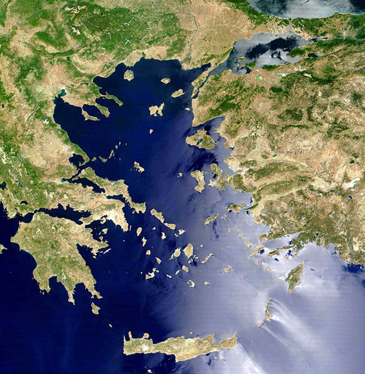 Vista por satélite do Mar Egeu: Creta é a ilha no fundo do centro. Imagem da NASA. Ciência de National Aeronautics and Space Administration National Aeronautics and Space Administration
