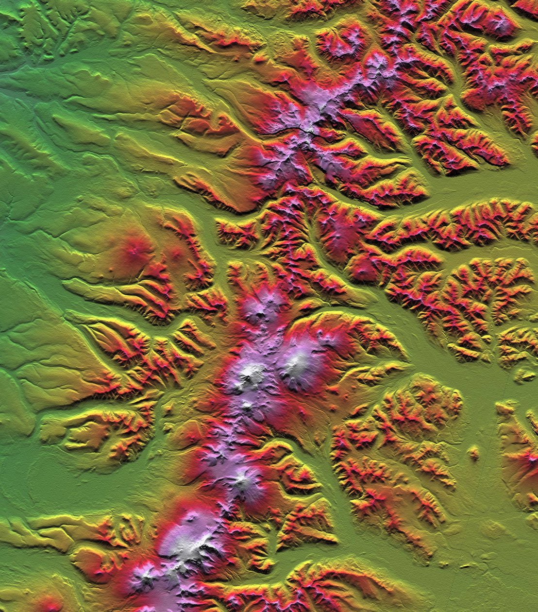 Sredinnyy Khrebet, Península de Kamchatka, Rússia, mostrada nesta imagem criada a partir de um modelo preliminar de elevação baseado nos primeiros dados coletados durante o Shuttle Rad. Crédito NASA Geologia da Terra da Ciência de National Aeronautics and Space Administration National Aeronautics and Space Administration