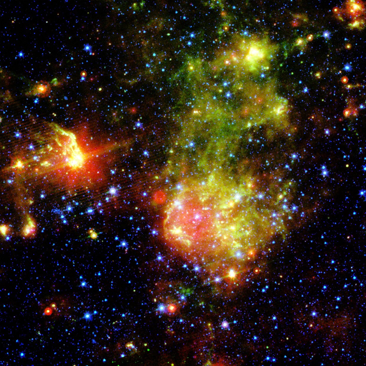 Supernova remanescente 1E0102.2-7219 ao lado da Nebula N76 em uma brilhante região de formação estelar da Pequena Nuvem de Magalhães, localizada a cerca de 200.000 anos-luz da Terra. Crédito NASA Astronomia Científica de National Aeronautics and Space Administration National Aeronautics and Space Administration