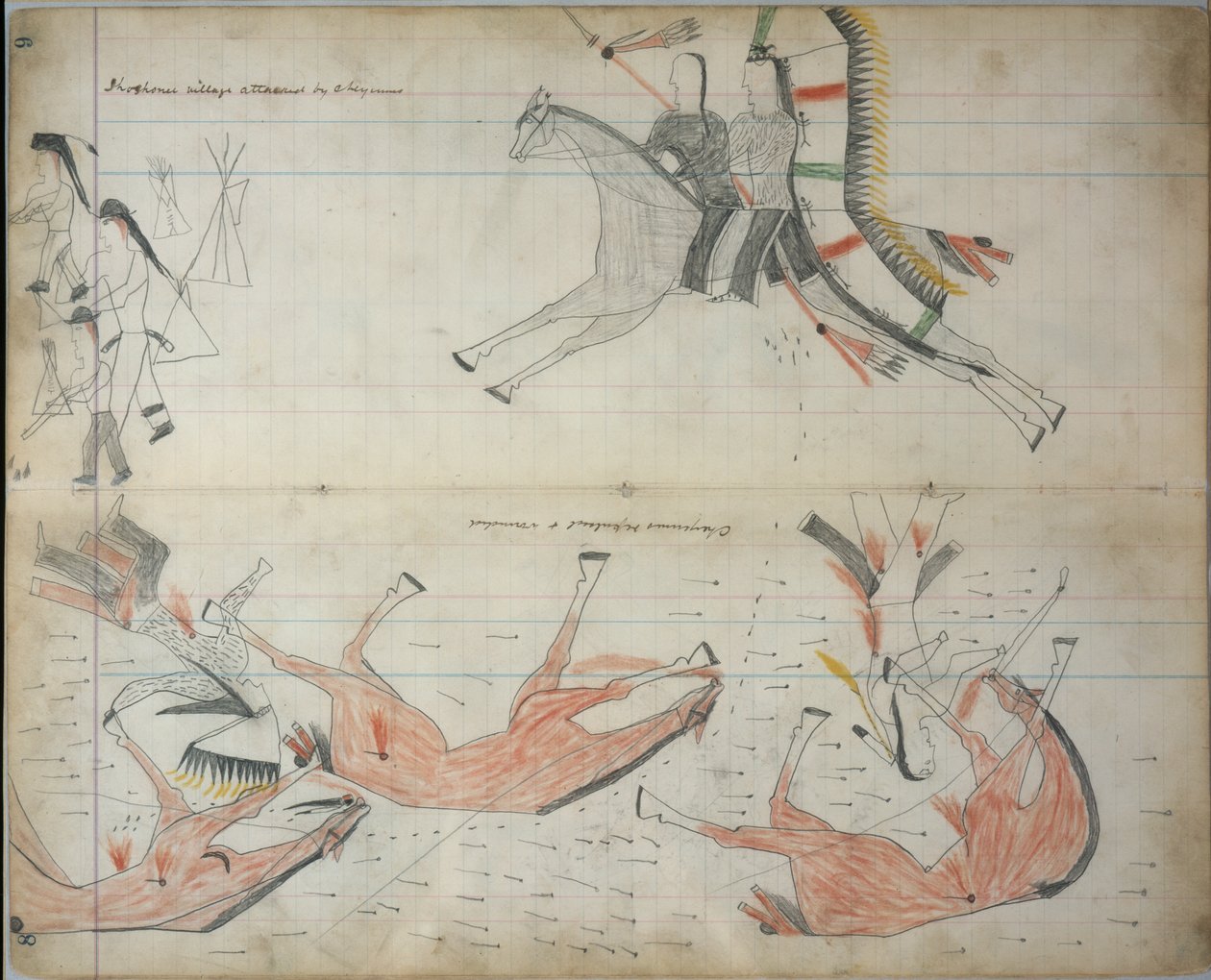 Cheyennes repelidos e feridos, c.1877-79 (desenho do livro de registos) de Native American