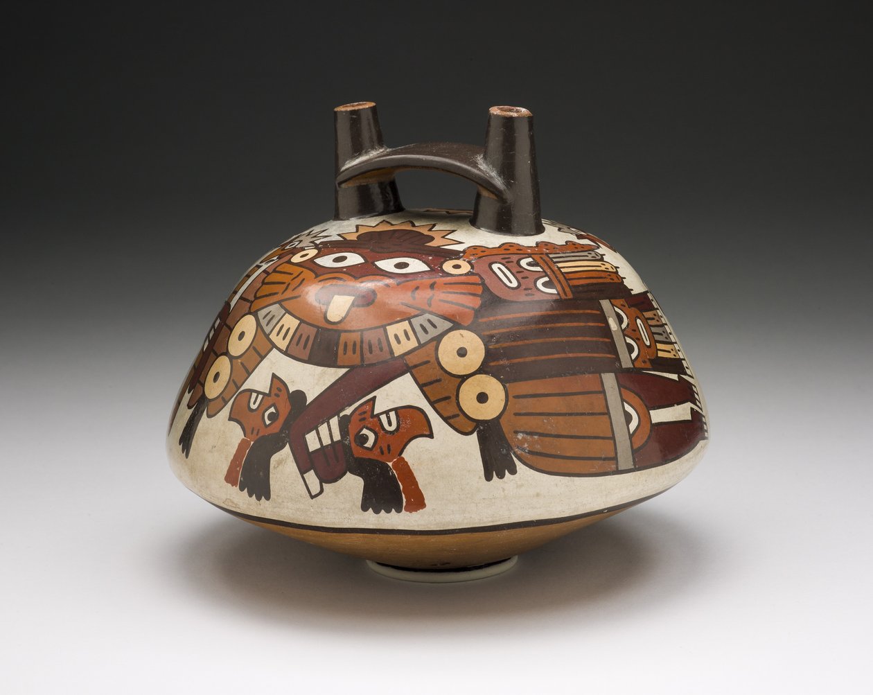 Embarcação representando um guerreiro mascarado segurando cabeças de troféus, 180 aC-500 dC de Nazca Culture