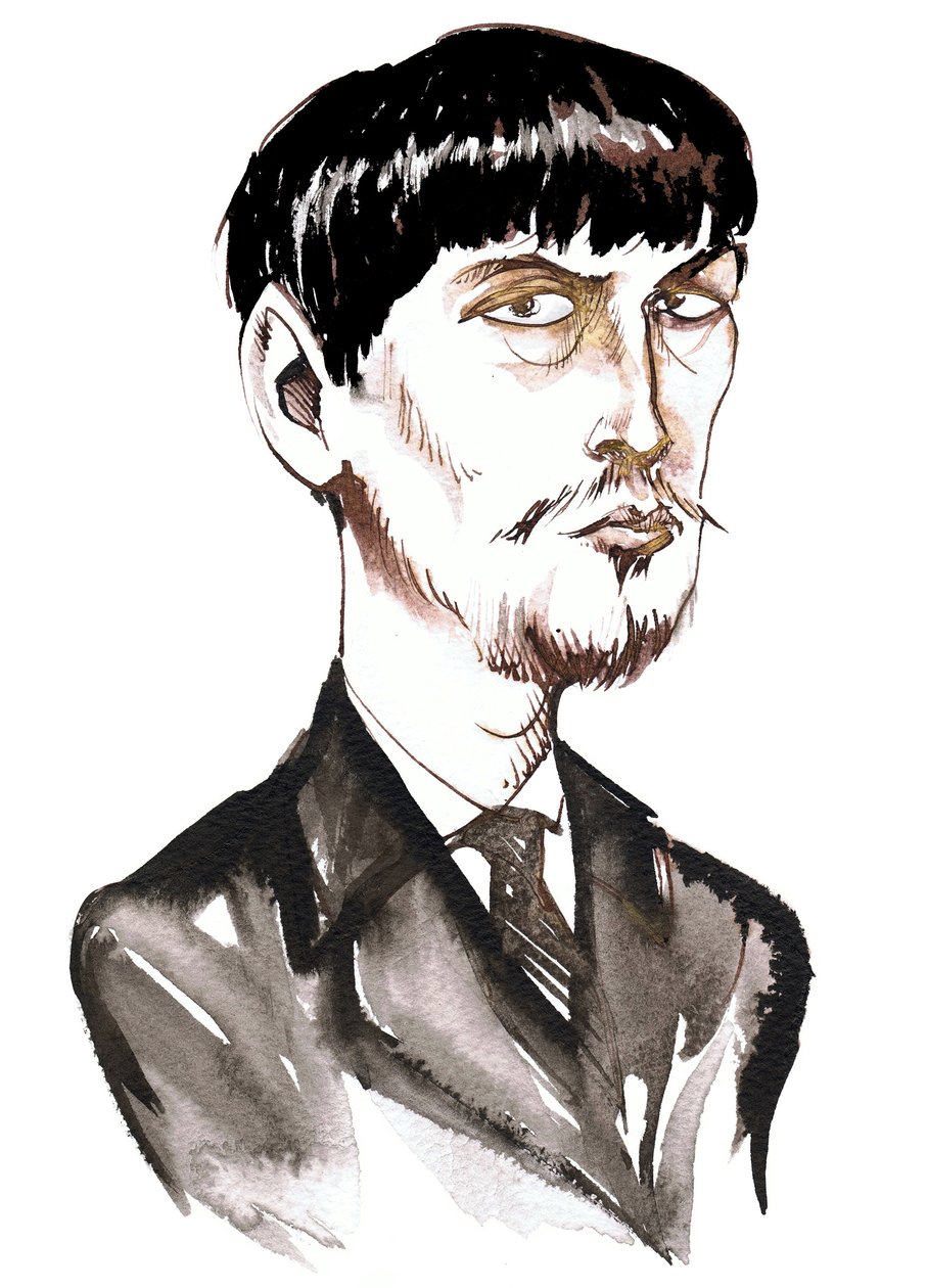 Achille-Claude Debussy, compositor francês (1862-1918), caricatura de tinta quando jovem de Neale Osborne