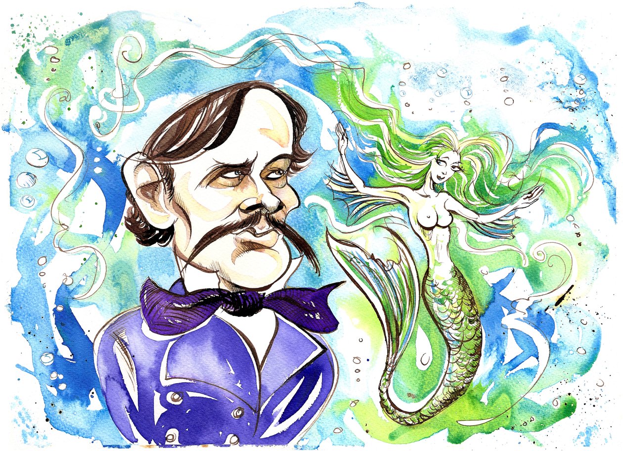 Alexander Dargomyzhsky - caricatura do compositor russo com ilustração da ópera Rusalka (1855) de Neale Osborne