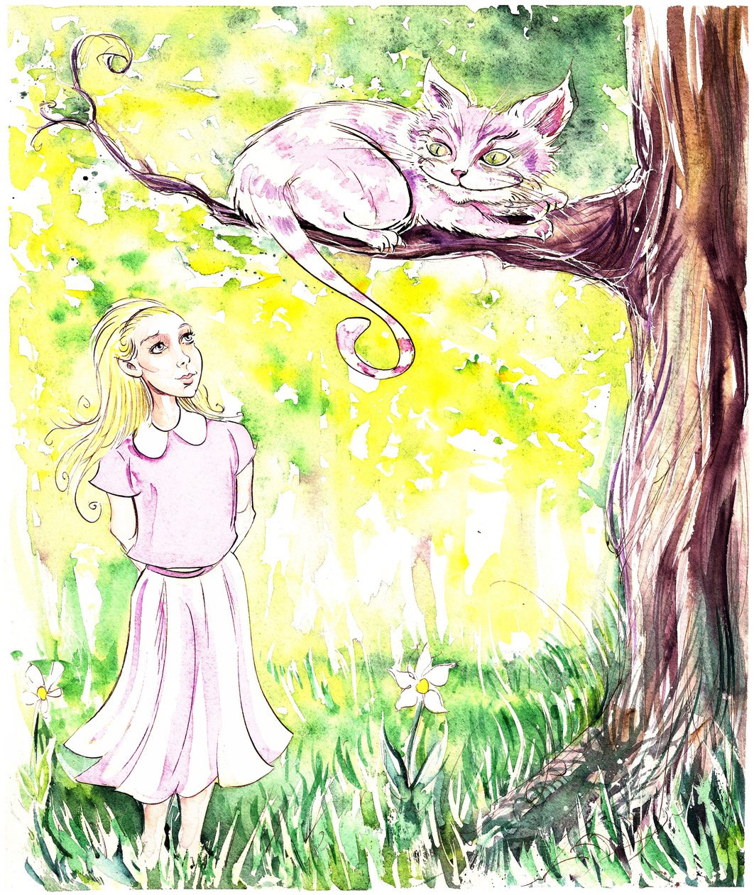 Alice e o gato de Cheshire - ilustração às aventuras de Alice Carroll de Lewis Carroll no país das maravilhas (1865), 2005 de Neale Osborne