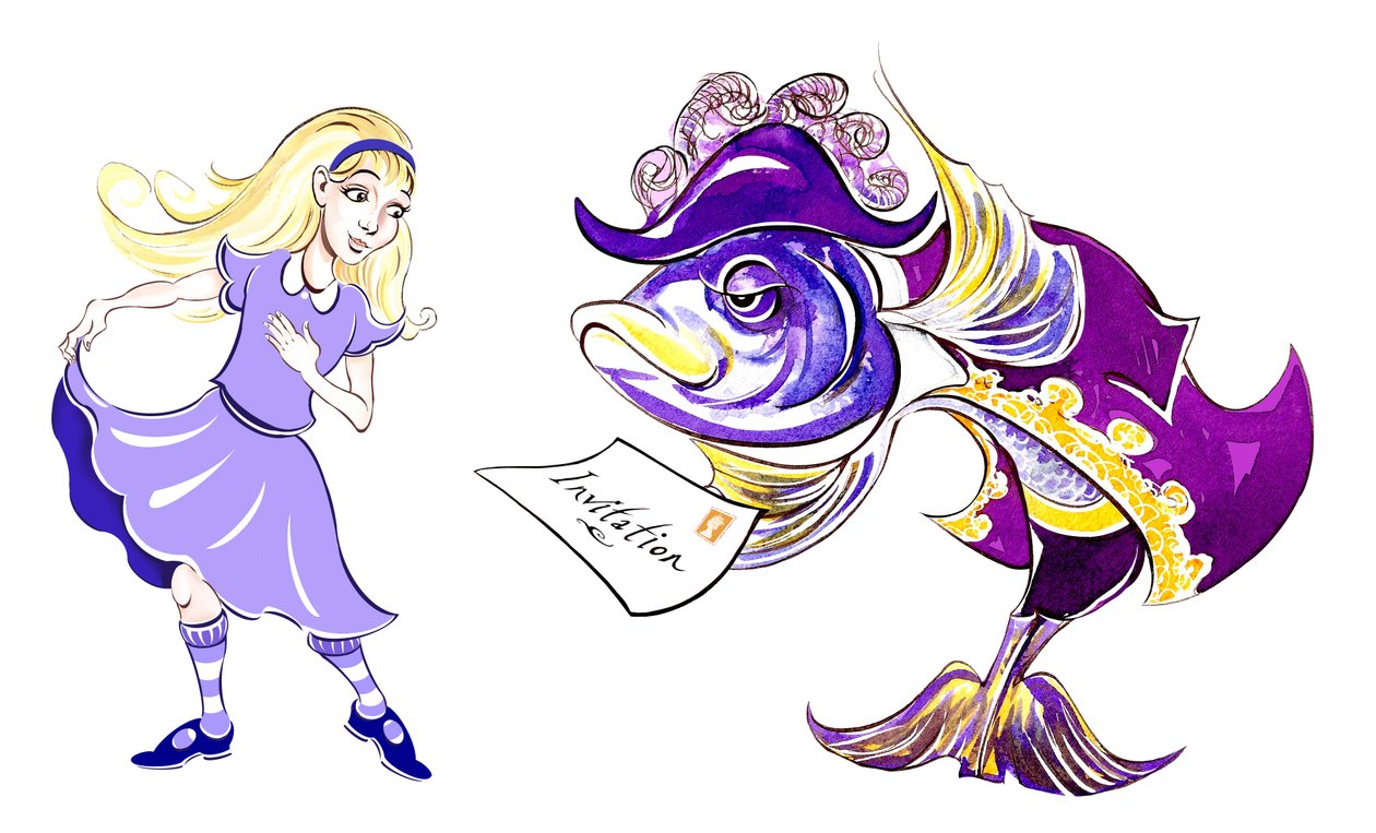 Alice e o lacaio dos peixes - ilustração às aventuras de Alice Carroll de Lewis Carroll no país das maravilhas (1865), 2005 de Neale Osborne