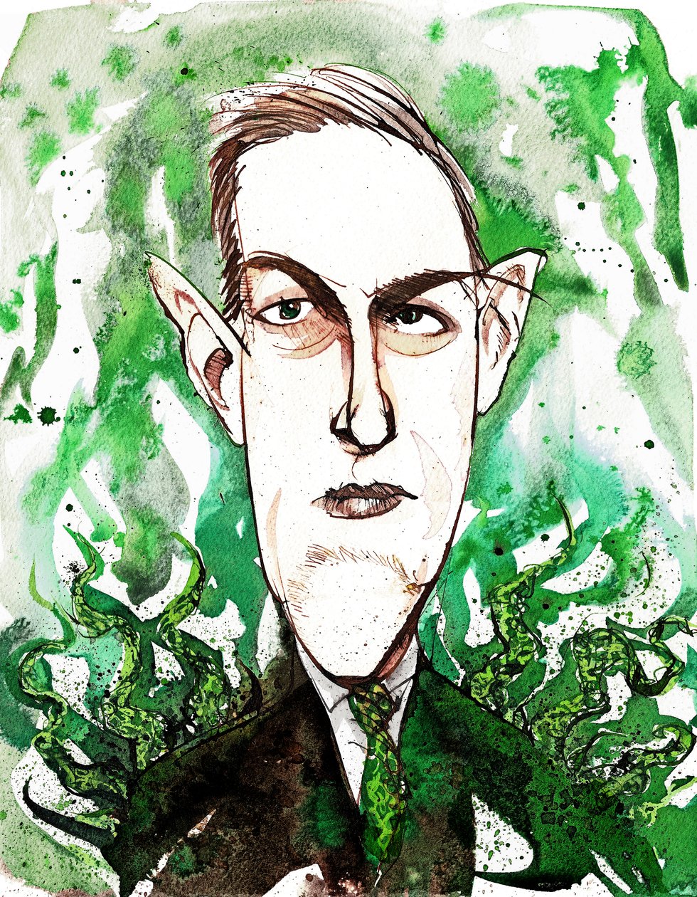 O escritor americano de horror e ficção científica Howard Phillips Lovecraft (1890-1937); caricatura de Neale Osborne
