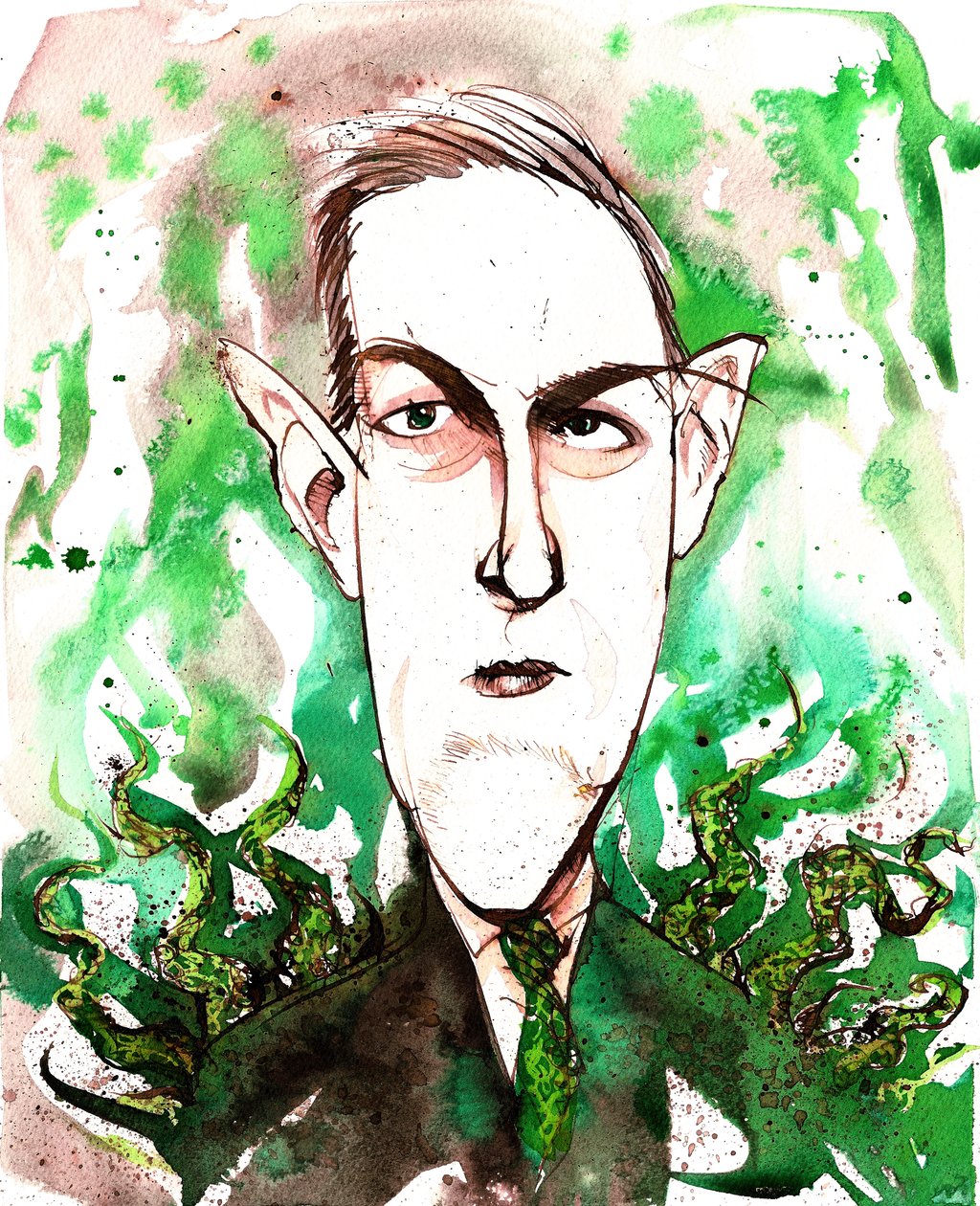 O escritor americano de horror e ficção científica Howard Phillips Lovecraft (1890-1937); caricatura de Neale Osborne