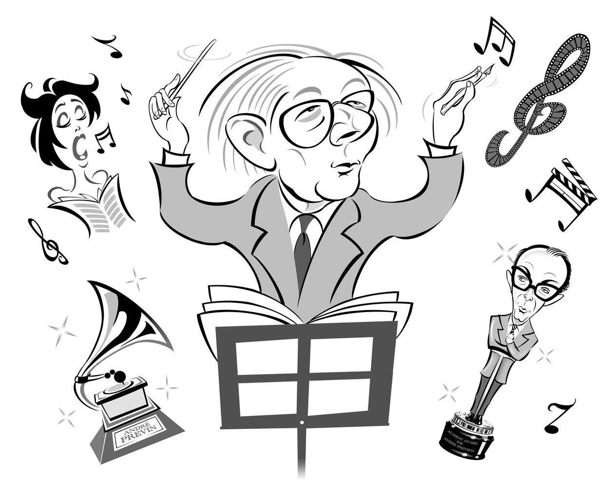 Andre Previn, pianista, compositor e maestro americano nascido na Alemanha (nascido em 1929); Condução e escrita de filmes cinematográficos; com Eric Morecambe como um Oscar com referência a Previns appeara de Neale Osborne